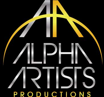 Alpha Artists' Logo: 2 capital As, one in silver facing left and one in gold facing right; Alpha Artists in gradient silver with "Productions" smaller underneath in gold